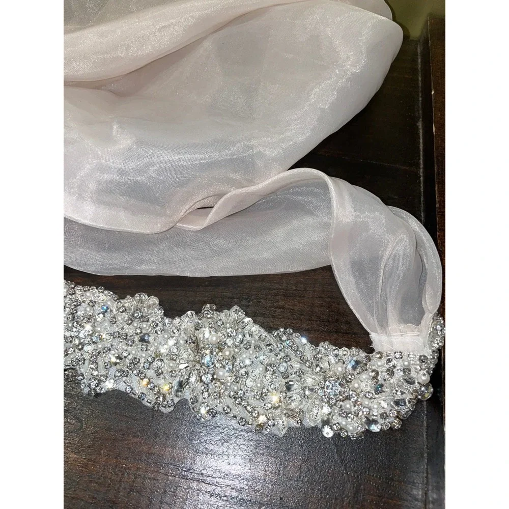 Allure Bridals Rhinestone Pearls Embellished Wedding Dress Sash Belt Champagne L